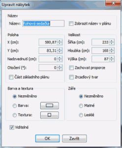 Nastavení vlastních paramterů nábytku