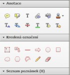 Dvě sekce panelu nabízí vše pro textové i grafické anotace
