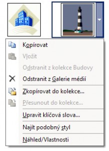 Nabídka ke klipartu umožní jej zkopírovat jinam, práci se schránkou a úpravu klíčových slov