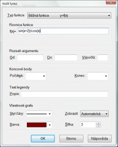 Vkládání nové funkce k vykreslení a nastavení parametrů