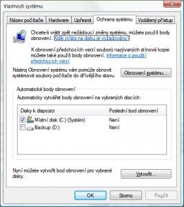 Výběr logických oddílů, na kterých se budou vytvářet body obnovení konfigurace Windows