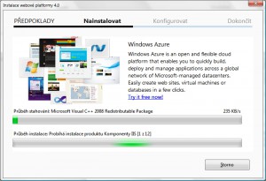 Stahování a instalace součástí v okně s reklamou na MS produkty