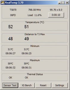 Okno programu RealTemp zobrazuje teplotu pro jednotlivá jádra CPU