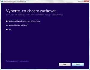 Výběr možnosti zachování nastavení Windows a aplikací